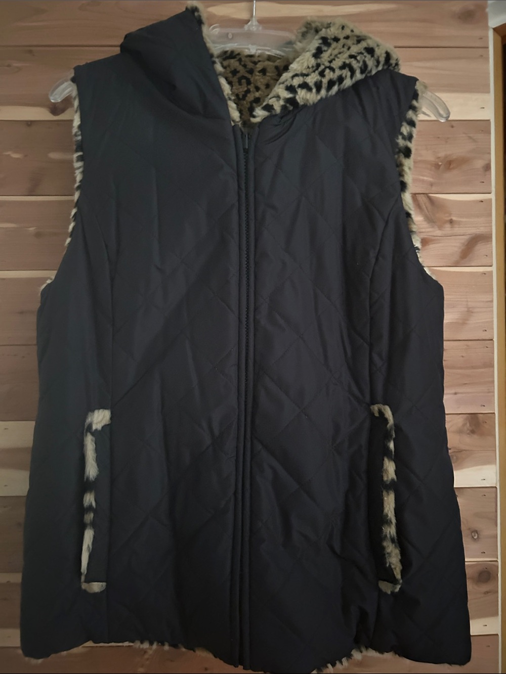 Kristen Blake Black Quilted Reversible Hooded Vest with Leopard Faux-Fur Trim